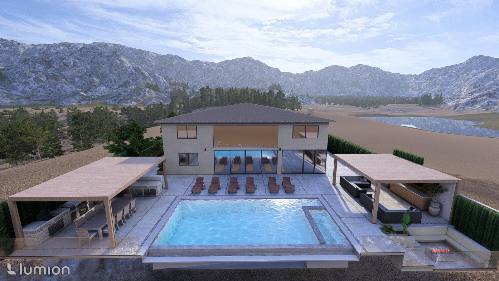 3D rendering of a pool, patio and pergola design