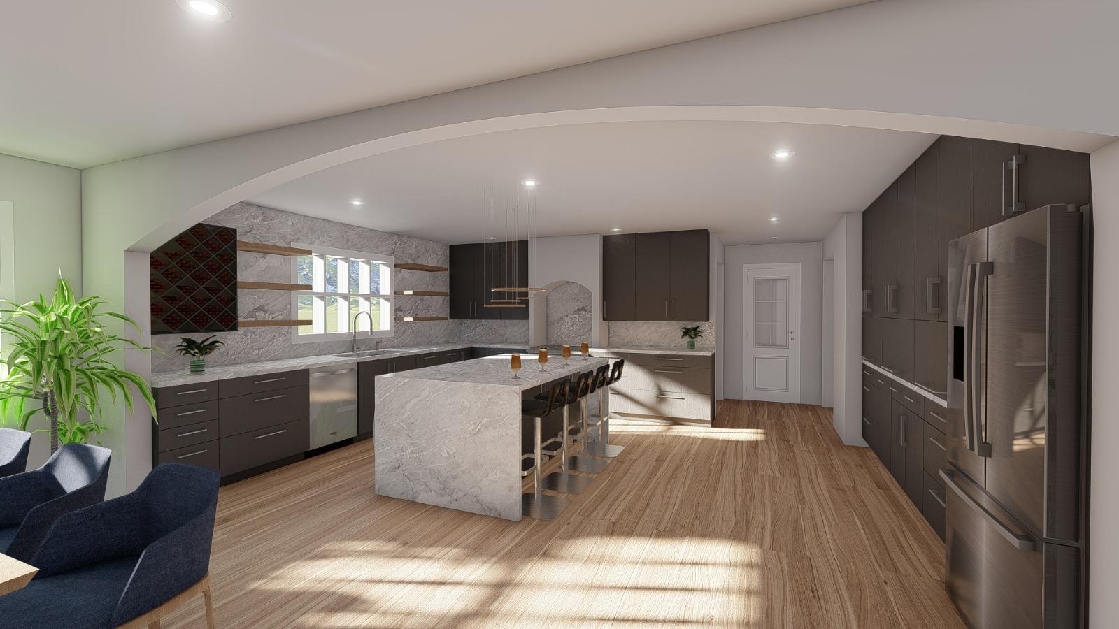 3D rendering of an open-plan kitchen with stone island